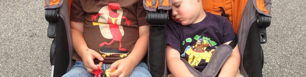 Unos hermanos duermen en una silla de paseo gemelar. Los dos son son mayores.